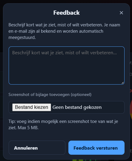 Feedback-modal met tekstveld en optionele bestandsbijlage
