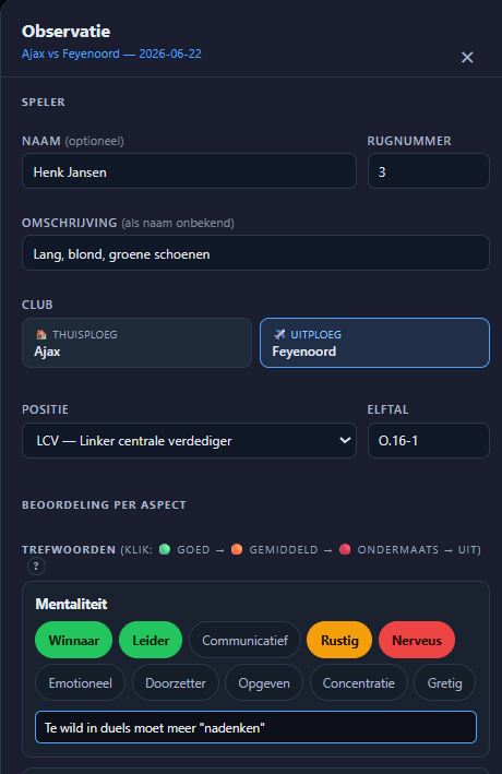 Observatieformulier met trefwoord-chips tijdens live wedstrijd